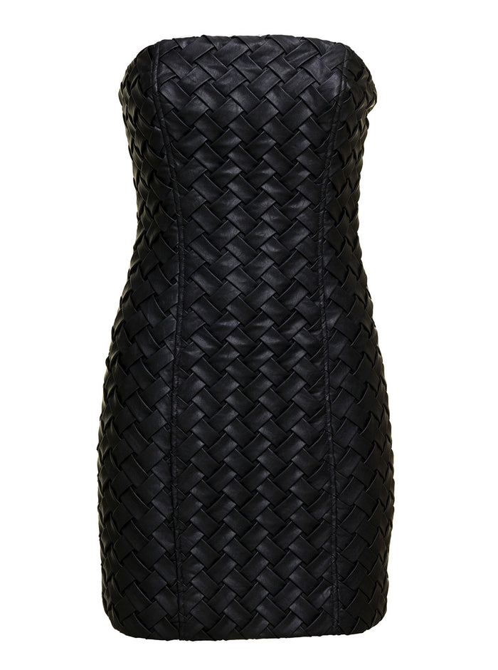 Black Mini Dress With All-Over Braided Texture Faux Leather Woman Polyurethane