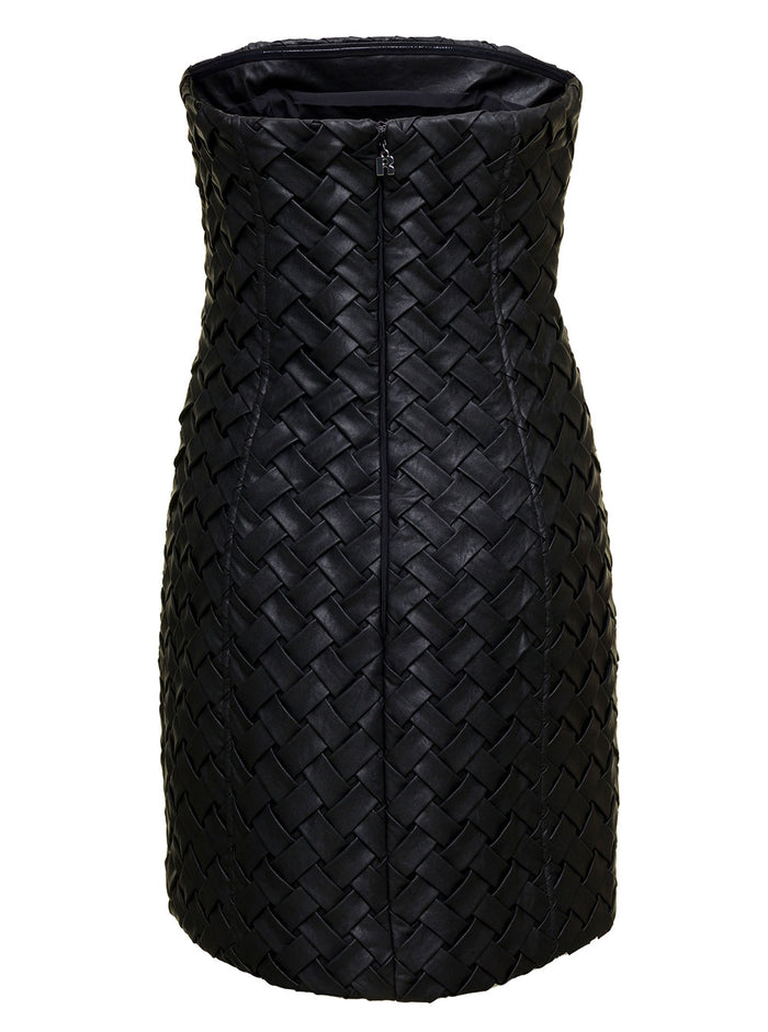 Black Mini Dress With All-Over Braided Texture Faux Leather Woman Polyurethane