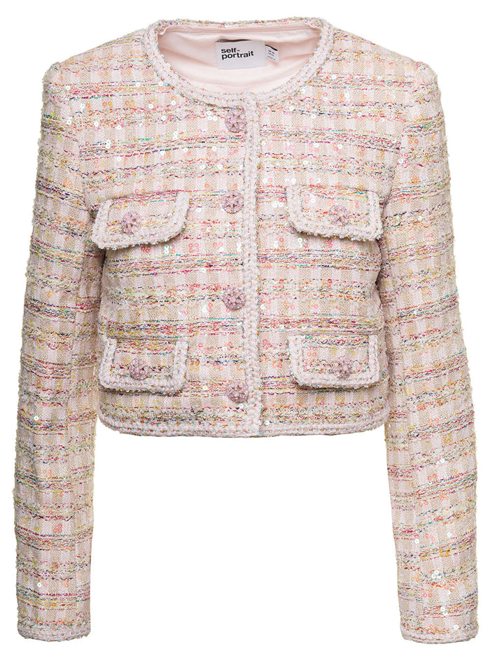 Pink Short Jacket With Paillettes And Jewel Buttons Tweed Woman Polyester Blazers