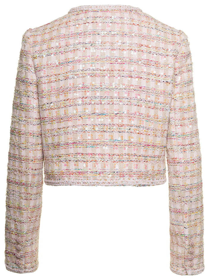 Pink Short Jacket With Paillettes And Jewel Buttons Tweed Woman Polyester Blazers