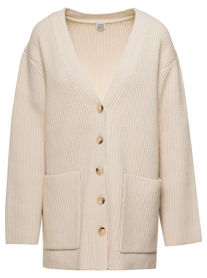 Oversized Ribbed White Cardigan With Patch Pockets Wool Woman Grey Responsible Standard Jersey