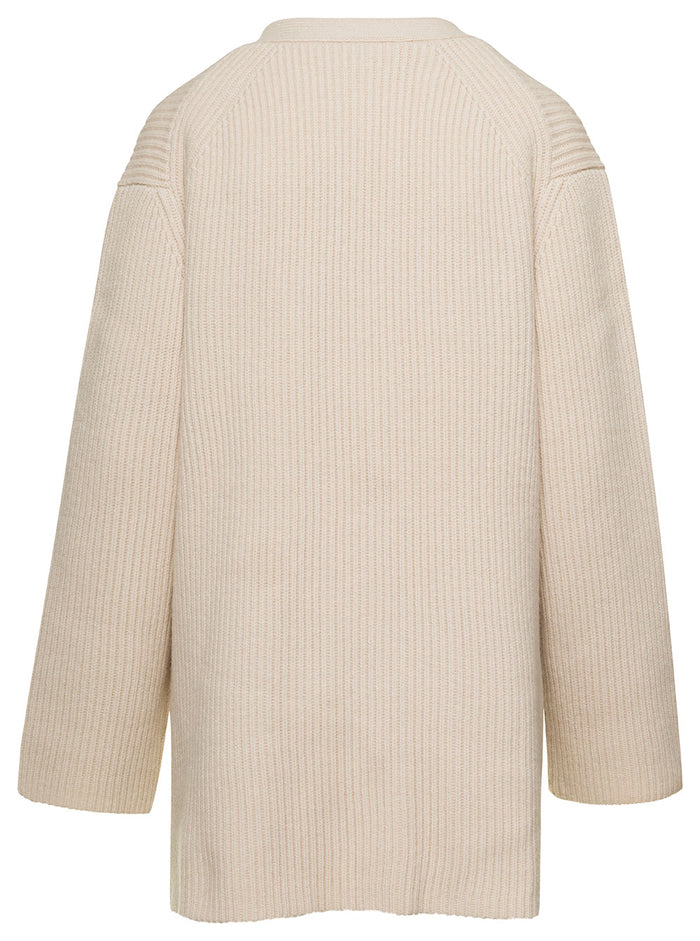 Oversized Ribbed White Cardigan With Patch Pockets Wool Woman Grey Responsible Standard Jersey
