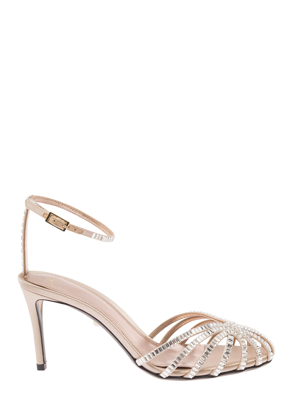 Penelope Beige Sandals With Rhinestone Embellishment And Stiletto Heel Leather Silk Woman Flat Shoes