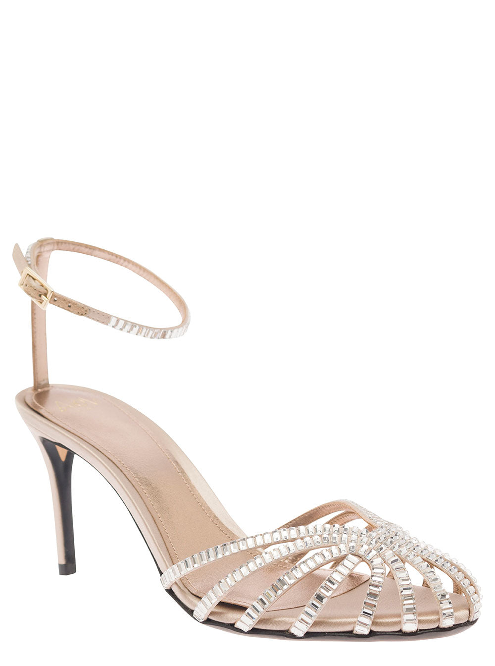 Penelope Beige Sandals With Rhinestone Embellishment And Stiletto Heel Leather Silk Woman Flat Shoes