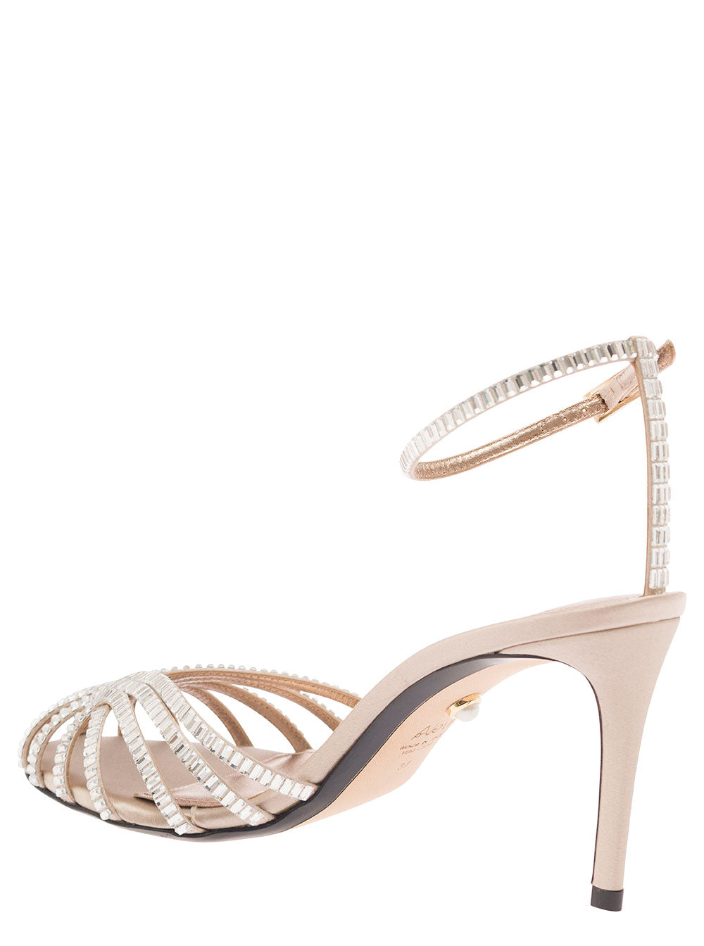 Penelope Beige Sandals With Rhinestone Embellishment And Stiletto Heel Leather Silk Woman Flat Shoes