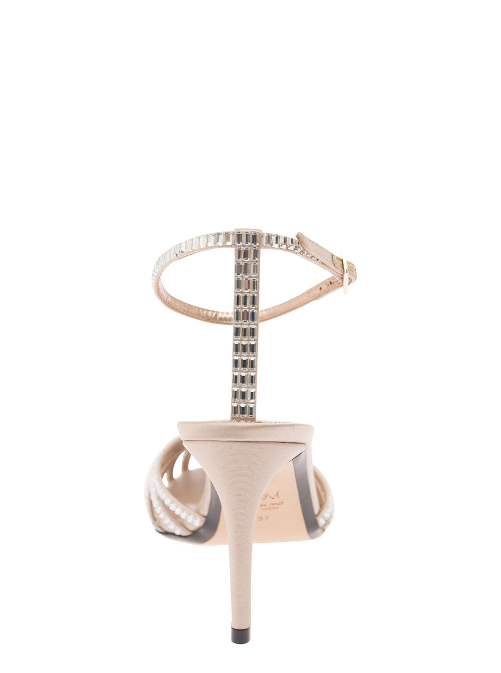 Penelope Beige Sandals With Rhinestone Embellishment And Stiletto Heel Leather Silk Woman Flat Shoes