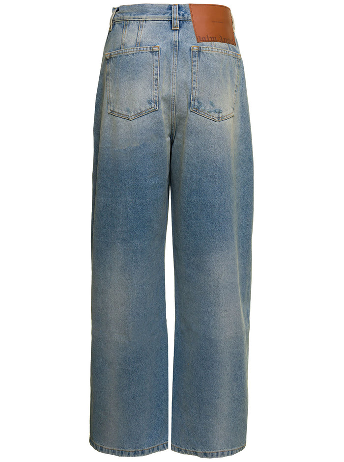 Light Blue Paris Ripped Jeans With Wide Leg Cotton Denim Woman