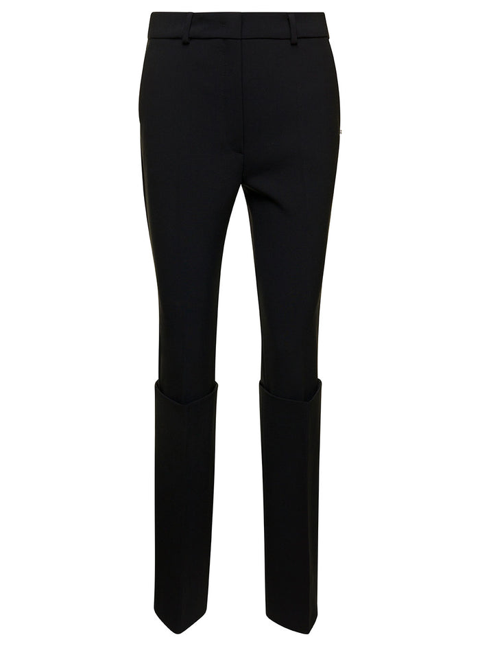 Black Slim Pants With Deep Turn-Up Detail Stretch Wool Blend Woman Trousers