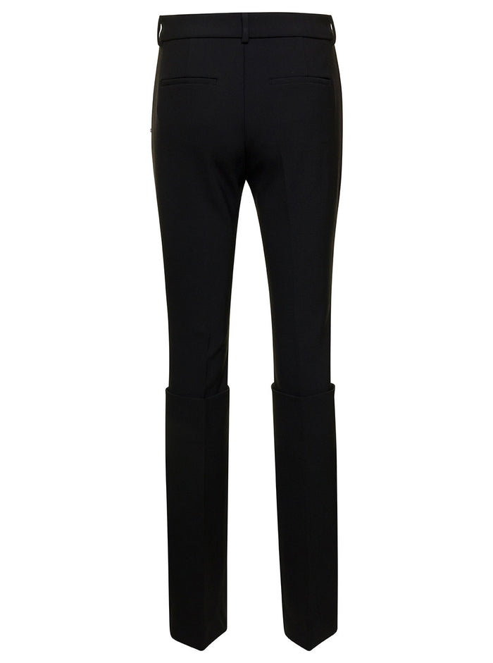Black Slim Pants With Deep Turn-Up Detail Stretch Wool Blend Woman Trousers