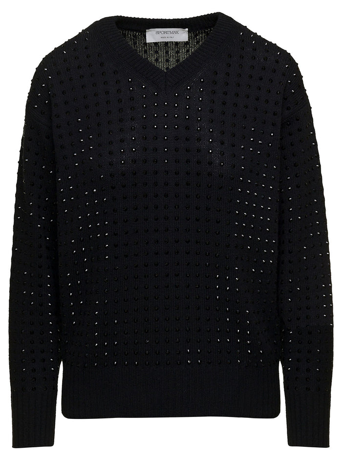 Black Sweater With V Neckline And All-Over Rhinestone Wool Blend Woman Virgin Polyammide Jersey
