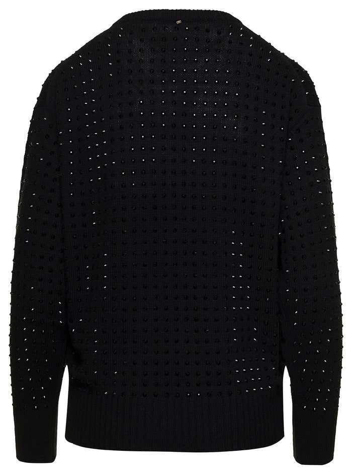 Black Sweater With V Neckline And All-Over Rhinestone Wool Blend Woman Virgin Polyammide Jersey