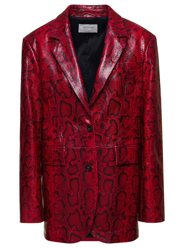 Oversized Red Double-Breasted Jacket With Python Print Leather Woman Blazers