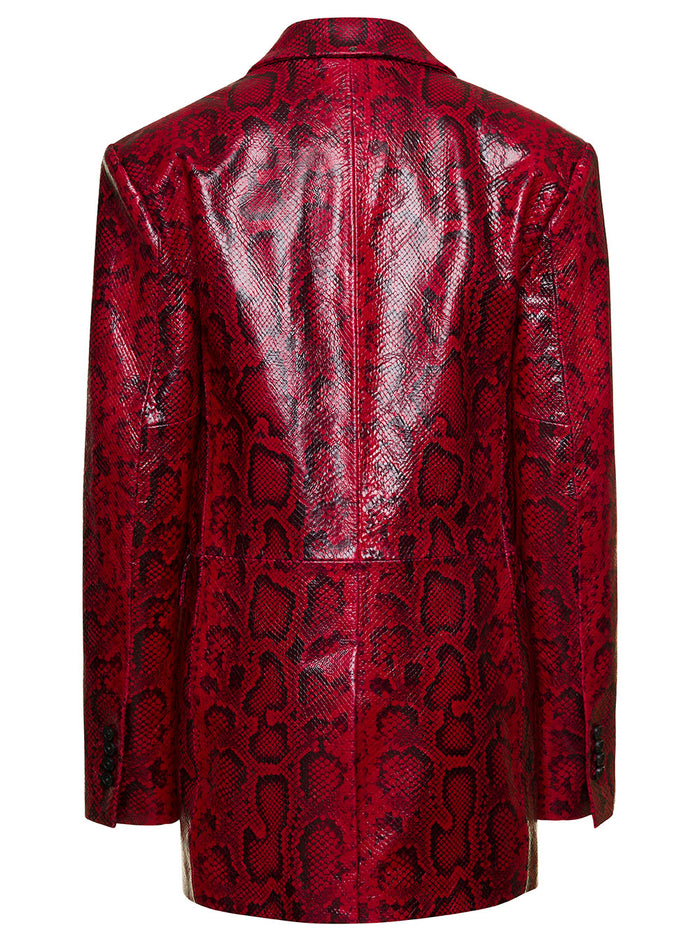 Oversized Red Double-Breasted Jacket With Python Print Leather Woman Blazers