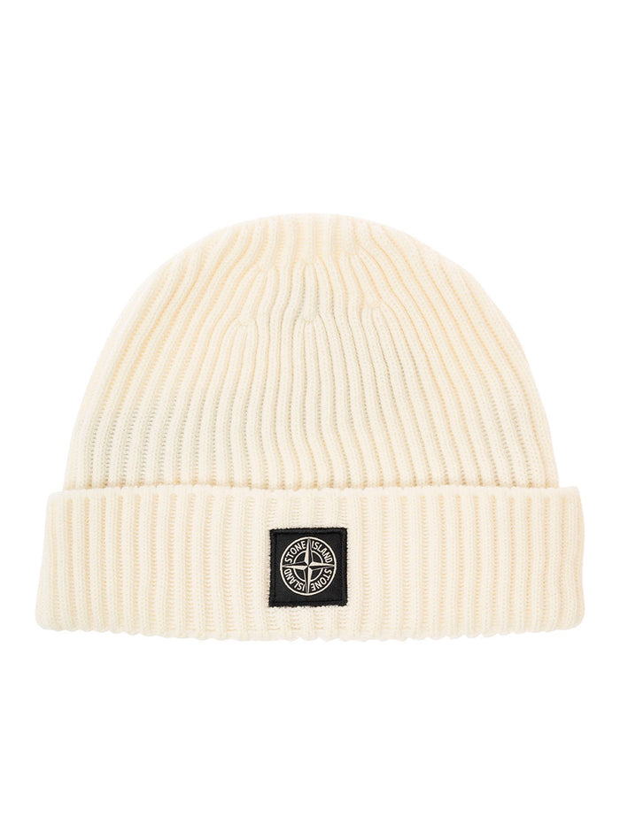 White Ribbed Beanie With Logo Patch Wool Boy Virgin Hats And Gloves