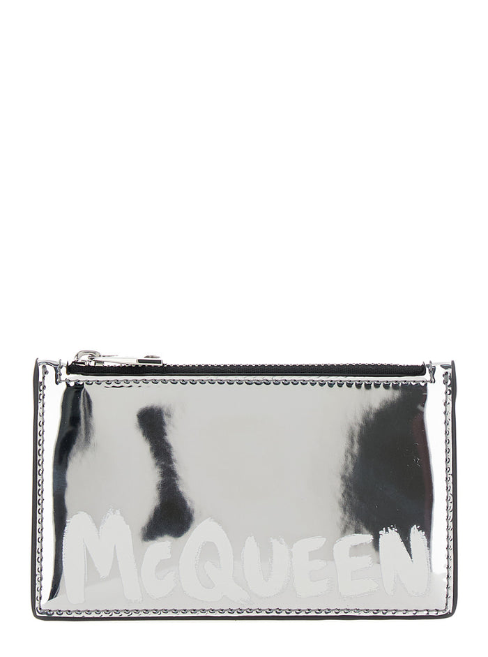 Silver Card-Holder with McQueen Graffiti Logo in Laminated Leather Man Metallic Products