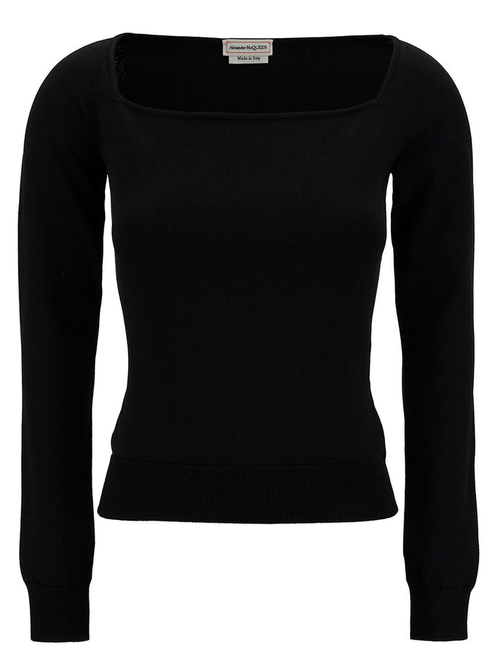 Black Top with Square Neckline in Viscose Blend Woman Polyester Jersey