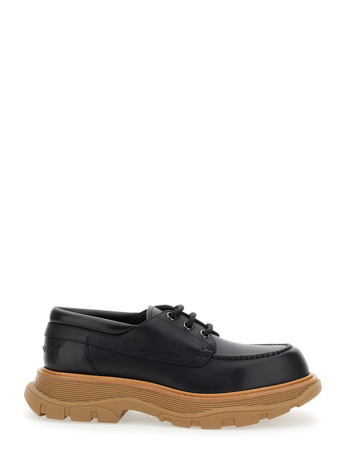 Black Derby Shoes With Engraved Logo And Platform Leather Man Lace