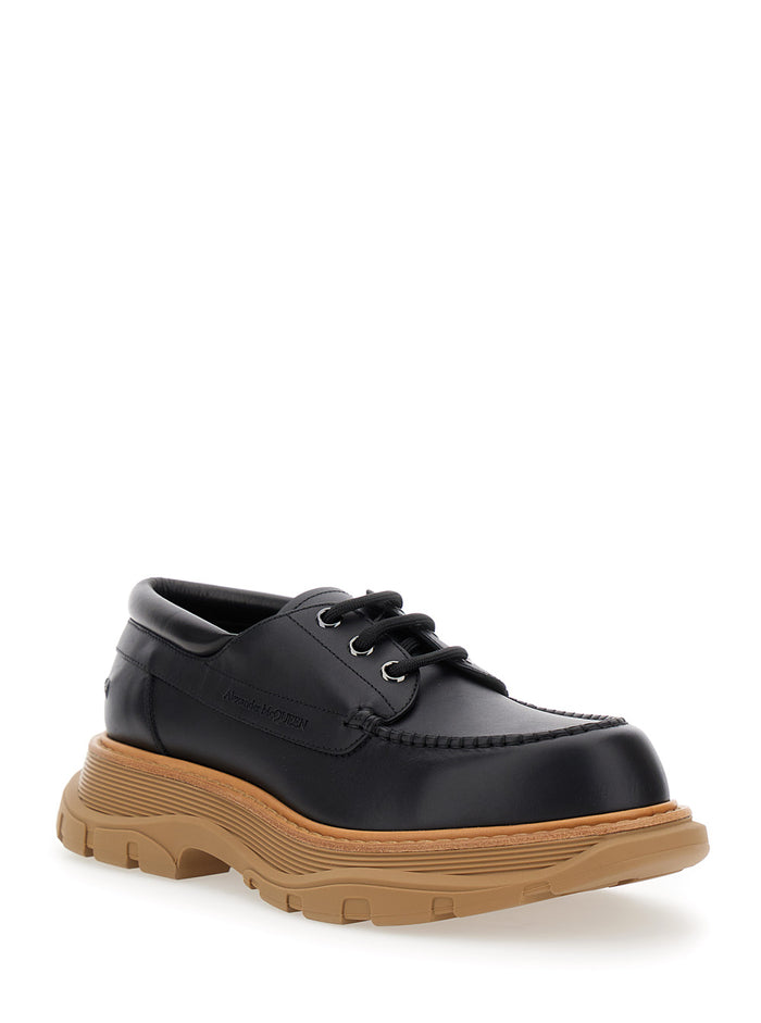 Black Derby Shoes With Engraved Logo And Platform Leather Man Lace