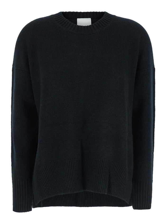 Black Crewneck Sweater with Dropped Shoulders in Cashmere Woman Jersey