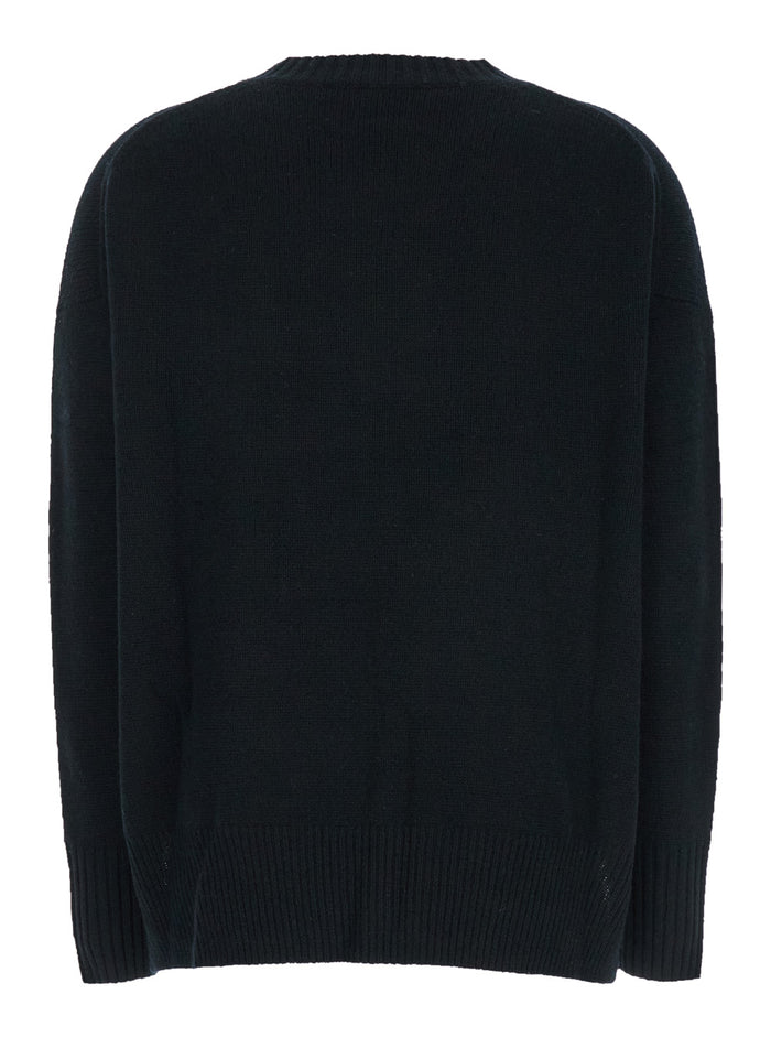 Black Crewneck Sweater with Dropped Shoulders in Cashmere Woman Jersey
