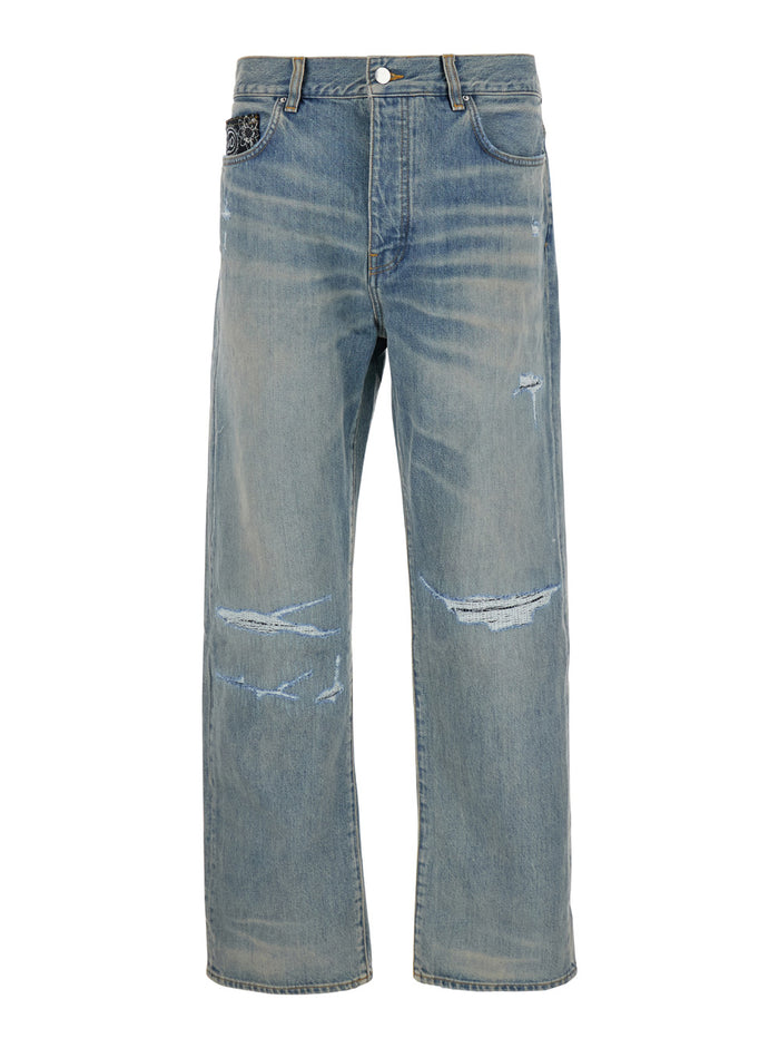 Light Blue Jeans With Rips And Bandana Detail Denim Man Cotton