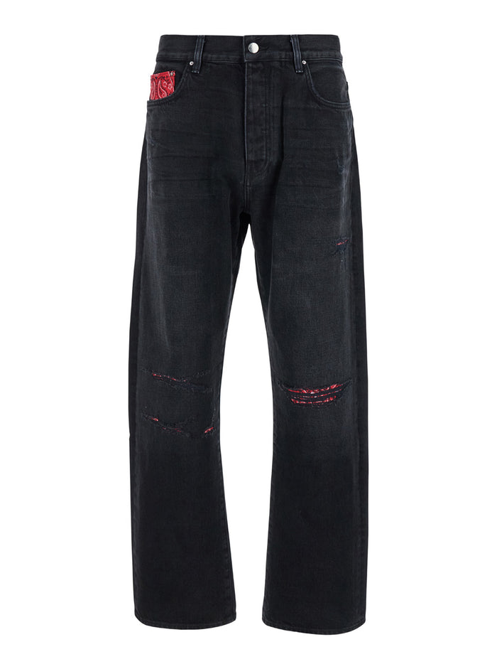 Black Jeans With Rips And Bandana Detail Denim Man Cotton