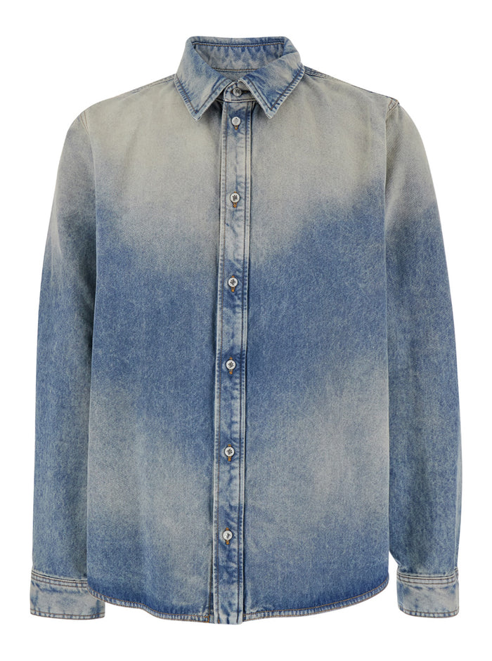Light Blue Shirt With Used Effect Denim Man Cotton And Blouses