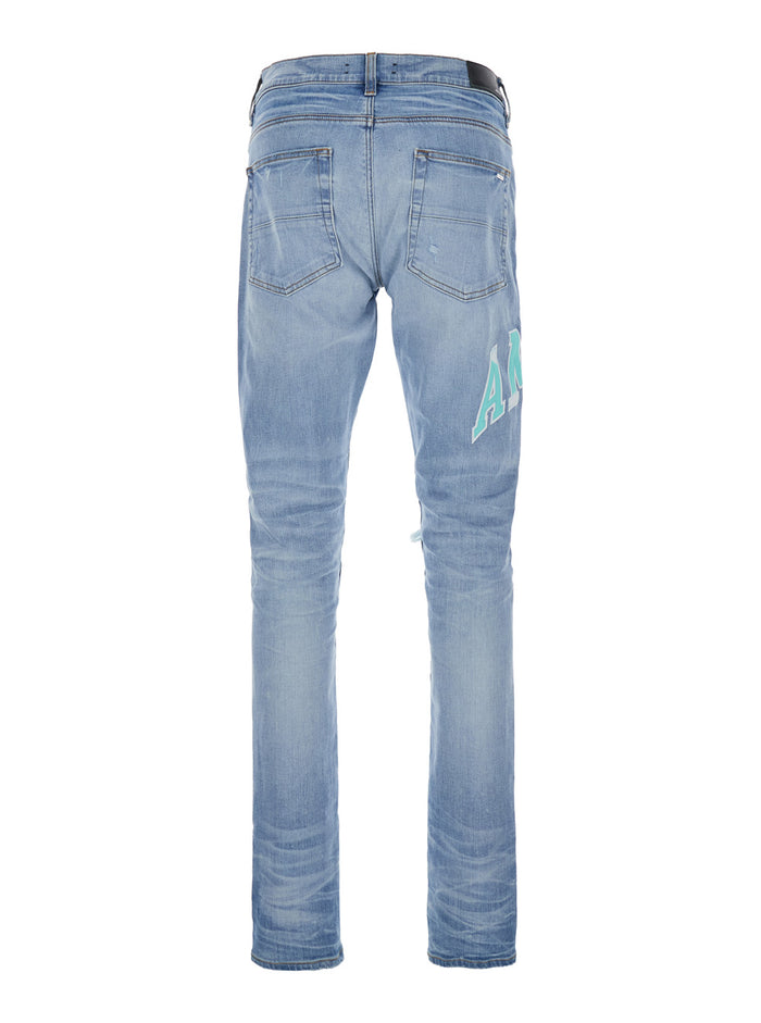 Light Blue Jeans With High Waist And Logo Print On The Front Ripped Details Denim Woman