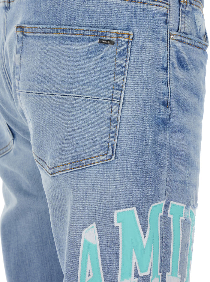 Light Blue Jeans With High Waist And Logo Print On The Front Ripped Details Denim Woman
