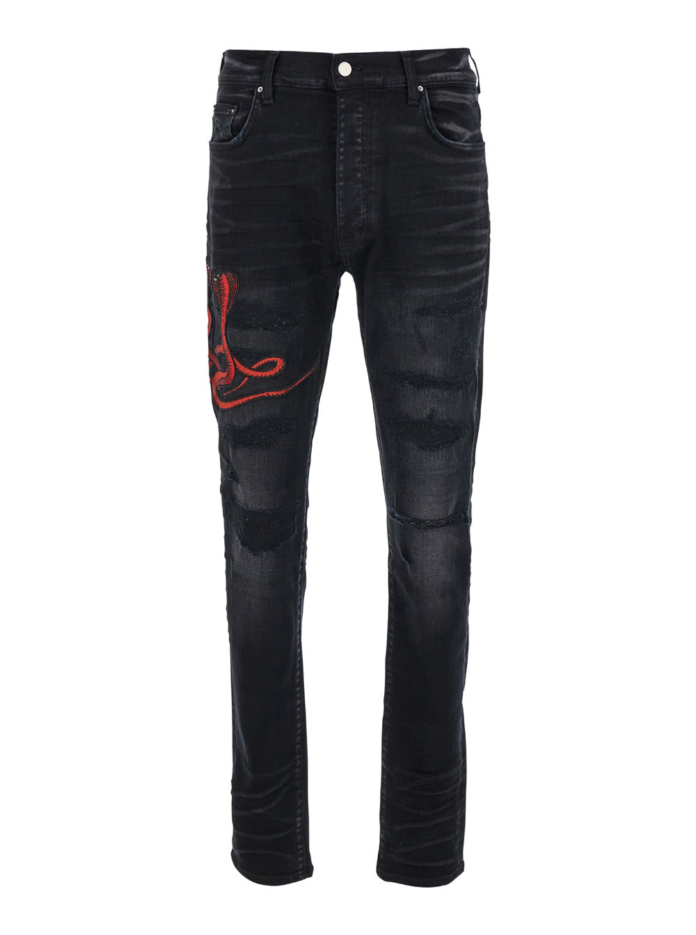 Black Skinny Jeans With Red Snake Patch Denim Man