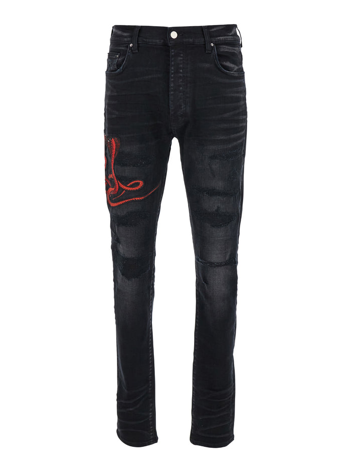Black Skinny Jeans With Red Snake Patch Denim Man