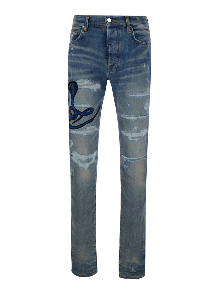 Light Blue Skinny Jeans With Rips And Snake Patch Stretch Denim Man