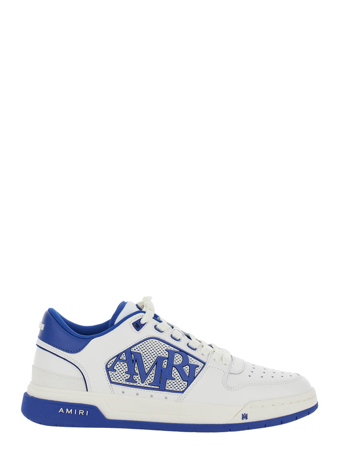 White And Blue Low Top Sneakers With Contrasting Logo Lettering Cotton Man Cow Leather