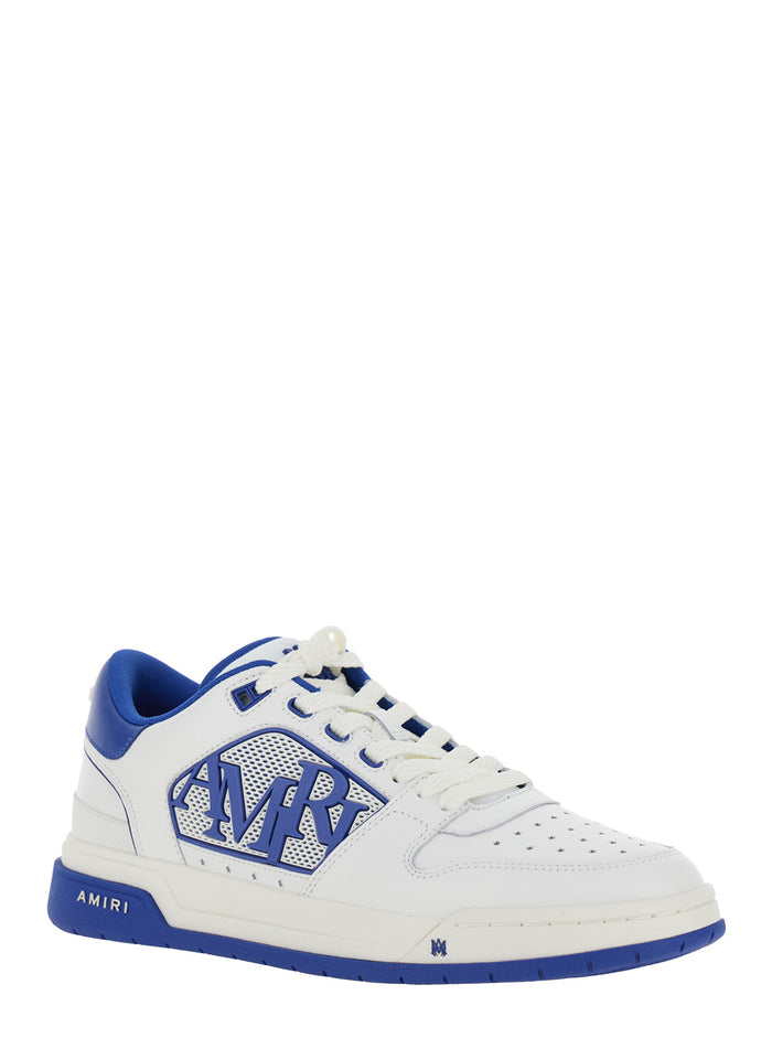 White And Blue Low Top Sneakers With Contrasting Logo Lettering Cotton Man Cow Leather