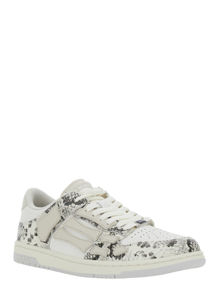 Skull Grey Low Top Sneakers With Patch Snake Printed Leather Man Cow