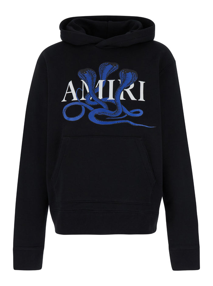 Black Hoodie With Snakes And Logo Lettering Print Cotton Man Sweatshirts