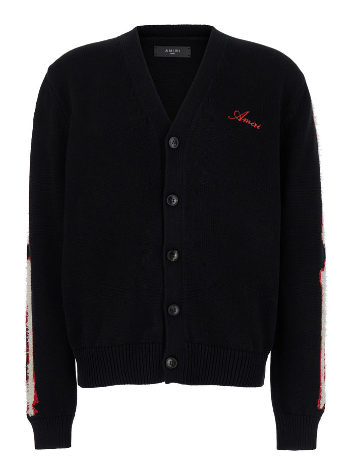 Black Cardigan With Bones Motif And Logo Cotton Man Nylon Jersey