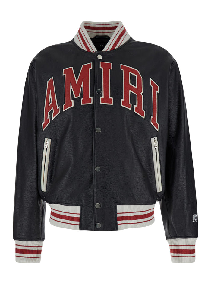 Black Bomber Jacket with Logo Patch in Leather Man Bovine Outerwear