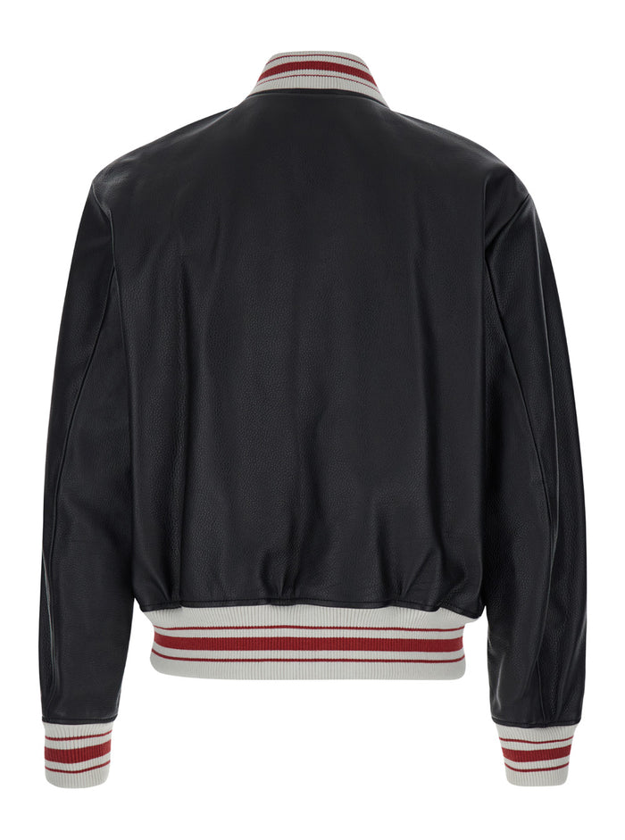 Black Bomber Jacket with Logo Patch in Leather Man Bovine Outerwear