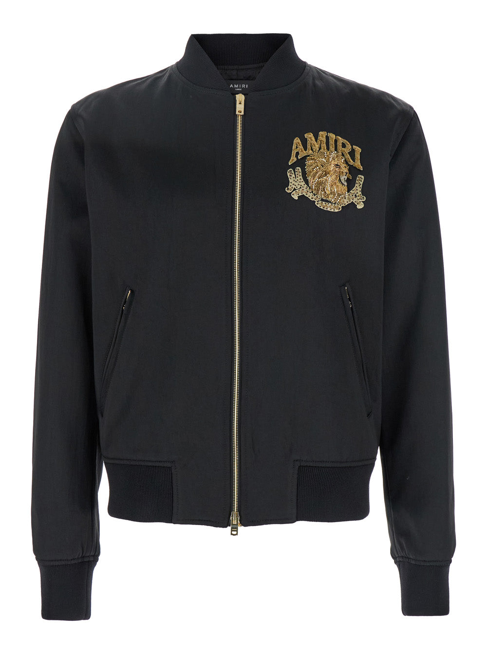 Black Bomber With Patch Logo Lettering Lion Tech Fabric Man Acetate Outerwear