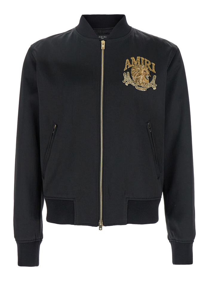 Black Bomber With Patch Logo Lettering Lion Tech Fabric Man Acetate Outerwear
