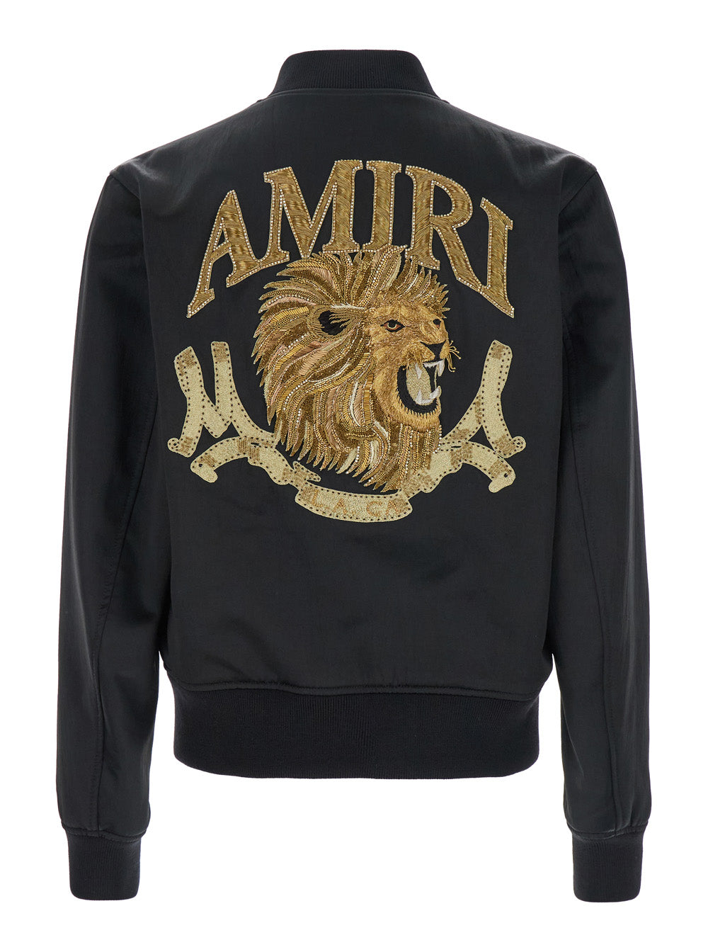 Black Bomber With Patch Logo Lettering Lion Tech Fabric Man Acetate Outerwear