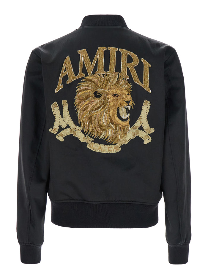 Black Bomber With Patch Logo Lettering Lion Tech Fabric Man Acetate Outerwear