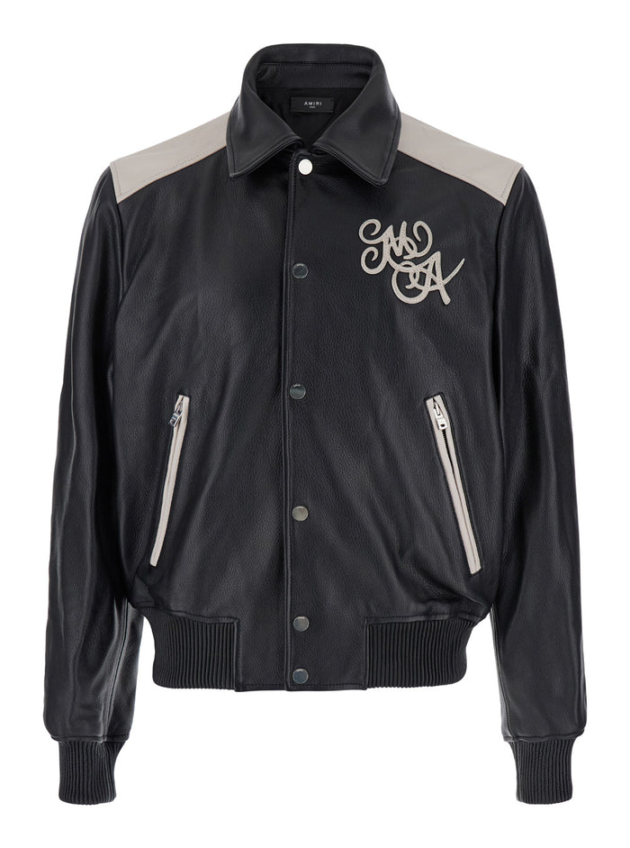 Black Bomber Jacket With Logo Detail Leather Man