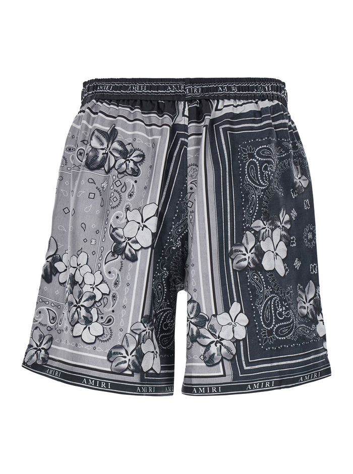 Black And White Shorts With Bandana Print Silk Man Bermuda