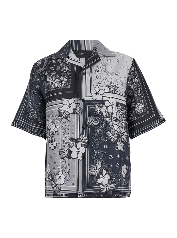 Black And White Bowling Shirt With Floral Bandana Print Silk Man Blouses
