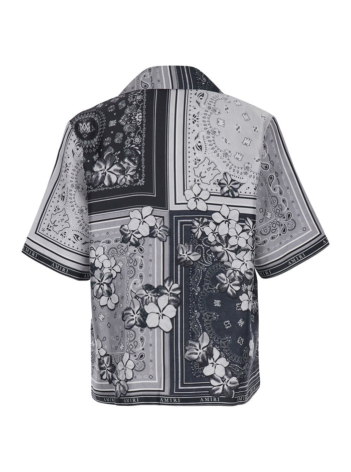 Black And White Bowling Shirt With Floral Bandana Print Silk Man Blouses