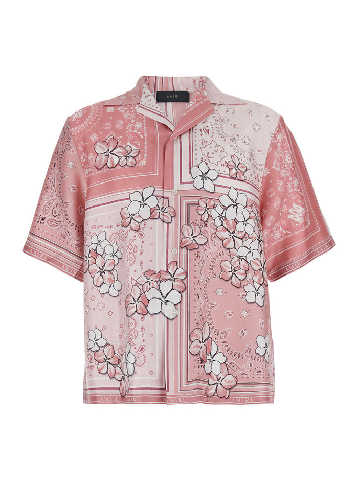 Pink Bowling Shirt With Floral Bandana Print Silk Man And Blouses