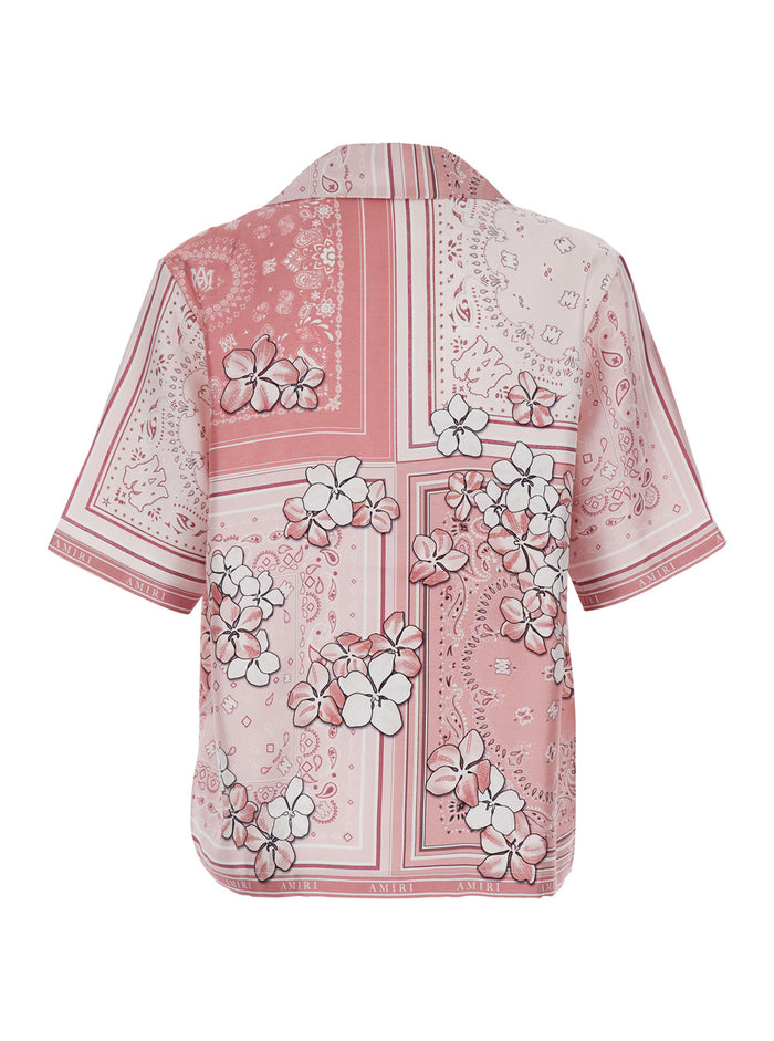 Pink Bowling Shirt With Floral Bandana Print Silk Man And Blouses