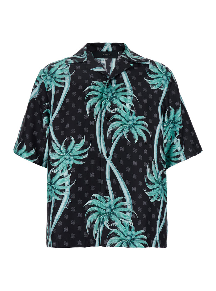 Multicolor Bowling Shirt With Cuban Collar And All-Over Print Silk Man Blouses